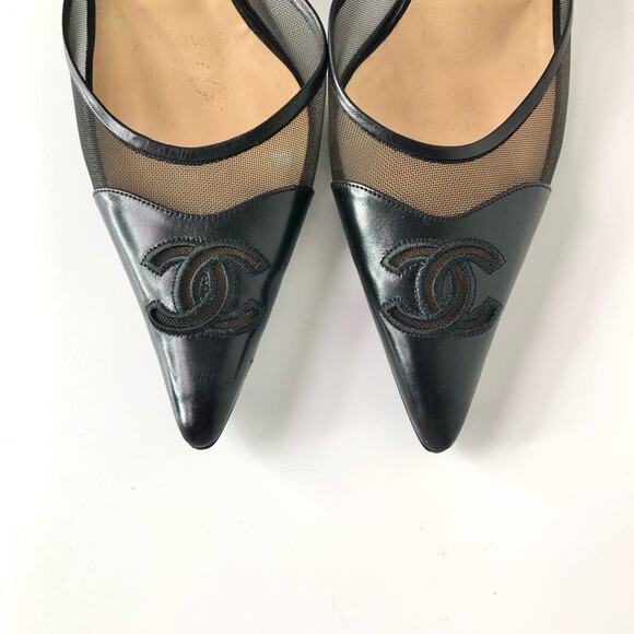 Vintage Chanel CC Logo Leather and Mesh Pointed Toe Slingback Pumps 38 - Picture 3 of 10
